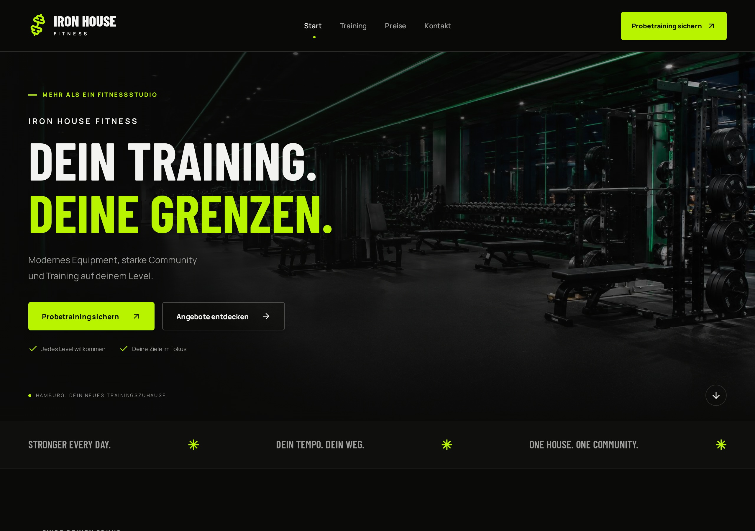 Screenshot der Startseite von IRON HOUSE Fitness