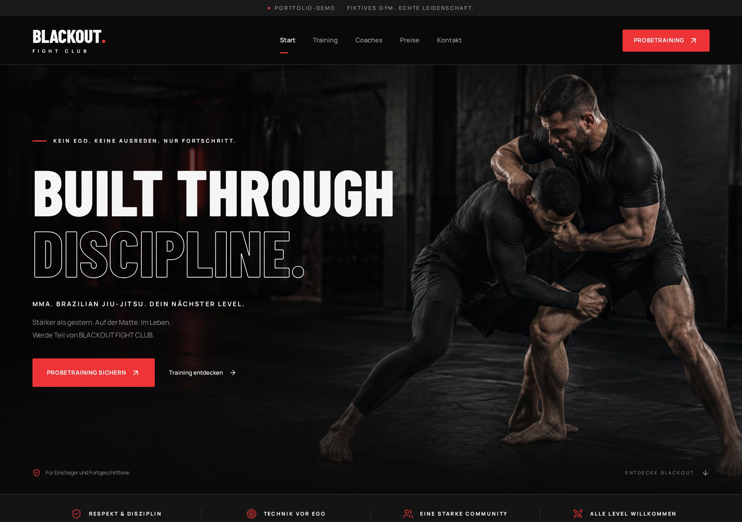 Screenshot der Startseite von BLACKOUT FIGHT CLUB